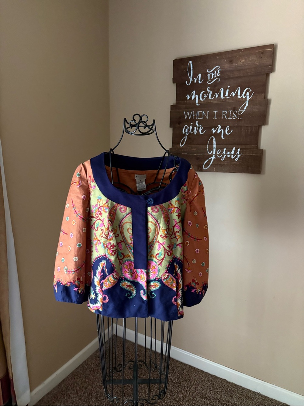 Elevenses Colorful Paisley Print Button Front Jacket - Orange & Navy
